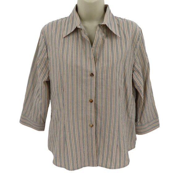 Burberry Womens 12 Beige Vertical Stripe Collared Button Front Blouse Shirt Top - Picture 1 of 10